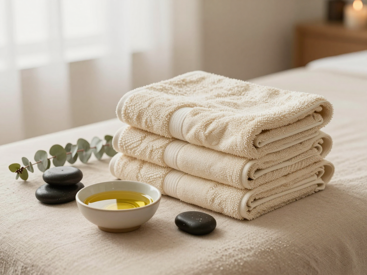 Folded linen towels, bowl of massage oil and spa stones